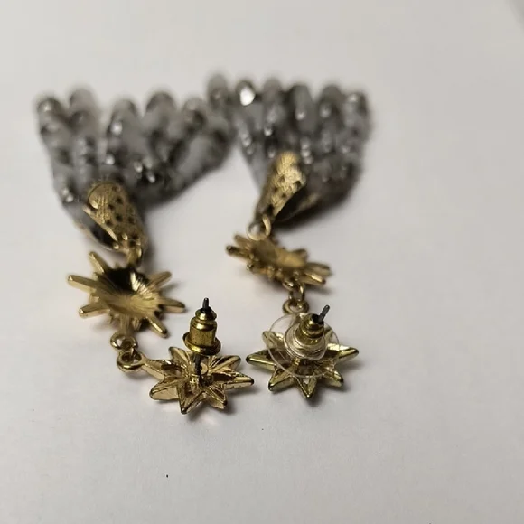 Gold Star Tassel Earrings with Gray Glass Beaded Strands - Picture 13 of 13